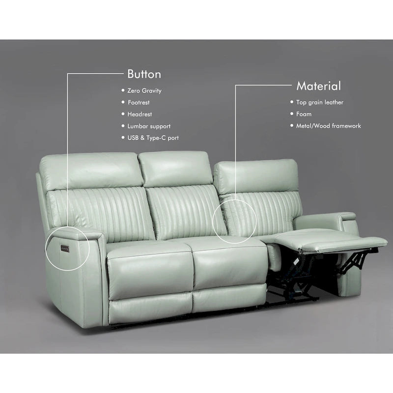 83.5-Zoll-Lederschlafsofa mit elektrischem Zero-Gravity-Liegesitz, elektrischer Kopfstütze, Lendenstütze und USB-/USB-C-Anschlüssen