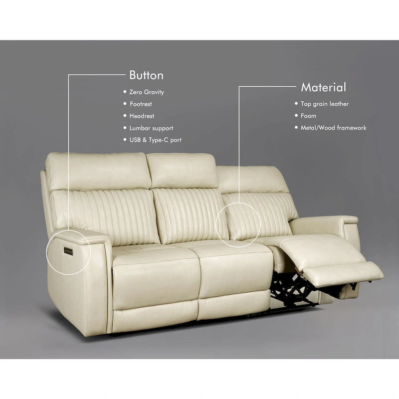 83.5-Zoll-Lederschlafsofa mit elektrischem Zero-Gravity-Liegesitz, elektrischer Kopfstütze, Lendenstütze und USB-/USB-C-Anschlüssen
