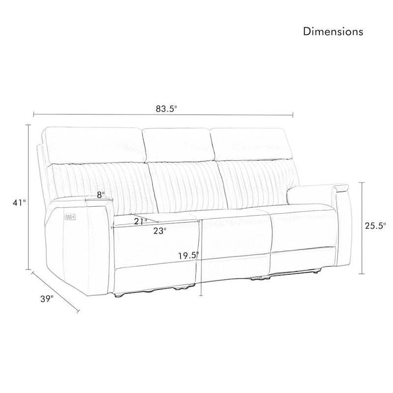 83.5-Zoll-Lederschlafsofa mit elektrischem Zero-Gravity-Liegesitz, elektrischer Kopfstütze, Lendenstütze und USB-/USB-C-Anschlüssen