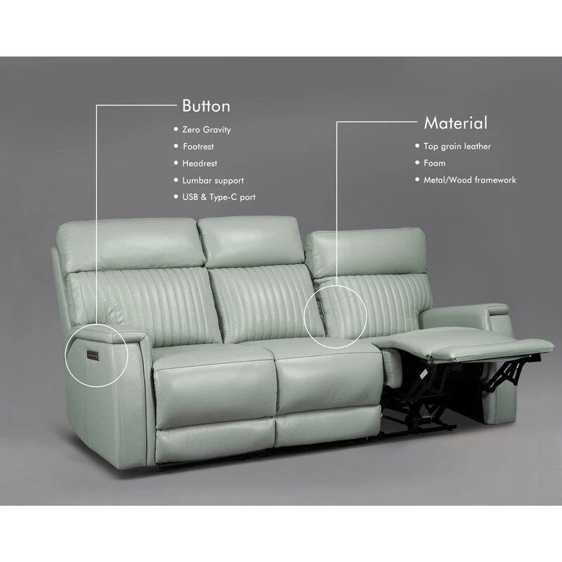 83.5-Zoll-Lederschlafsofa mit elektrischem Zero-Gravity-Liegesitz, elektrischer Kopfstütze, Lendenstütze und USB-/USB-C-Anschlüssen