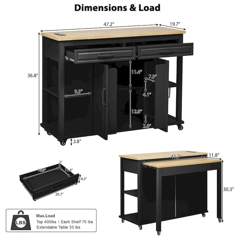 Îlot de cuisine de 47 pouces avec table à manger extensible
