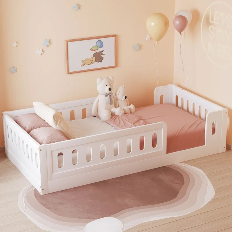 White Modern Twin Size Wooden Platform Bed with Guardrail