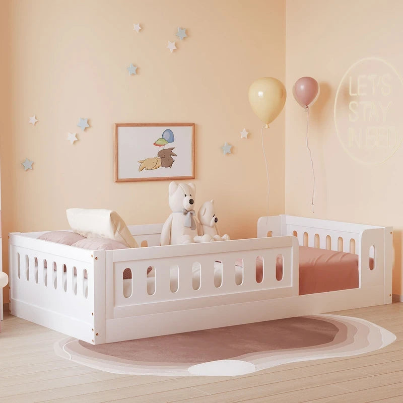 White Modern Twin Size Wooden Platform Bed with Guardrail