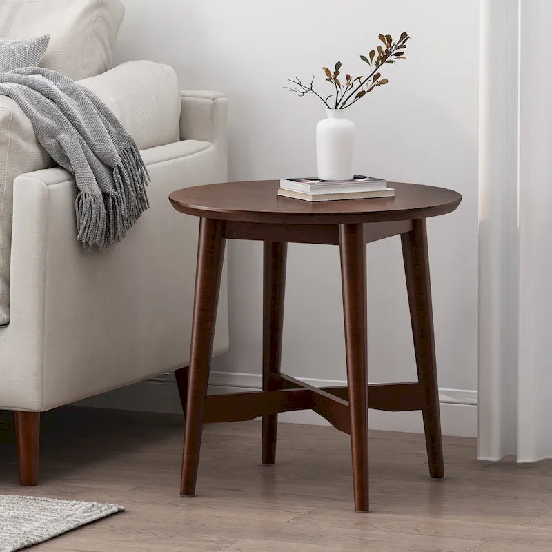 Tavolino rotondo in legno dal design moderno di metà secolo con gambe divaricate