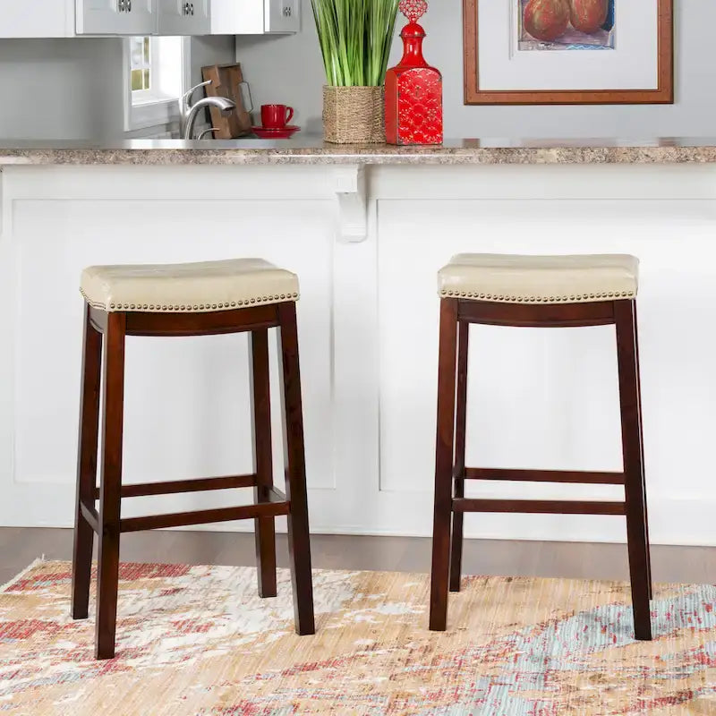 Beige Faux Leather Backless Bar Stool, 32-Inch
