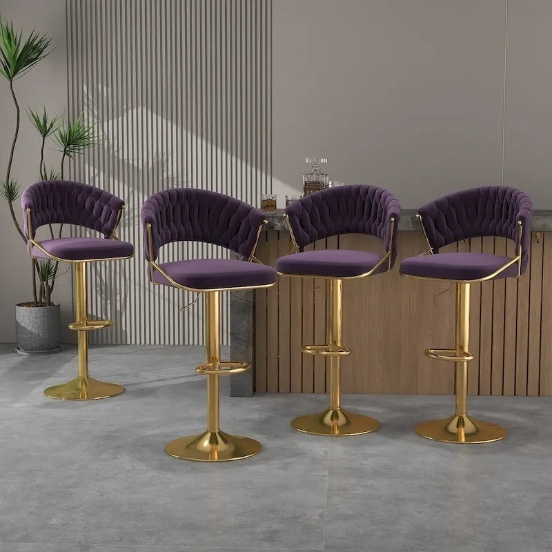 Moderne fluwelen barkrukken voor aan het aanrecht met rugleuning, set van 4