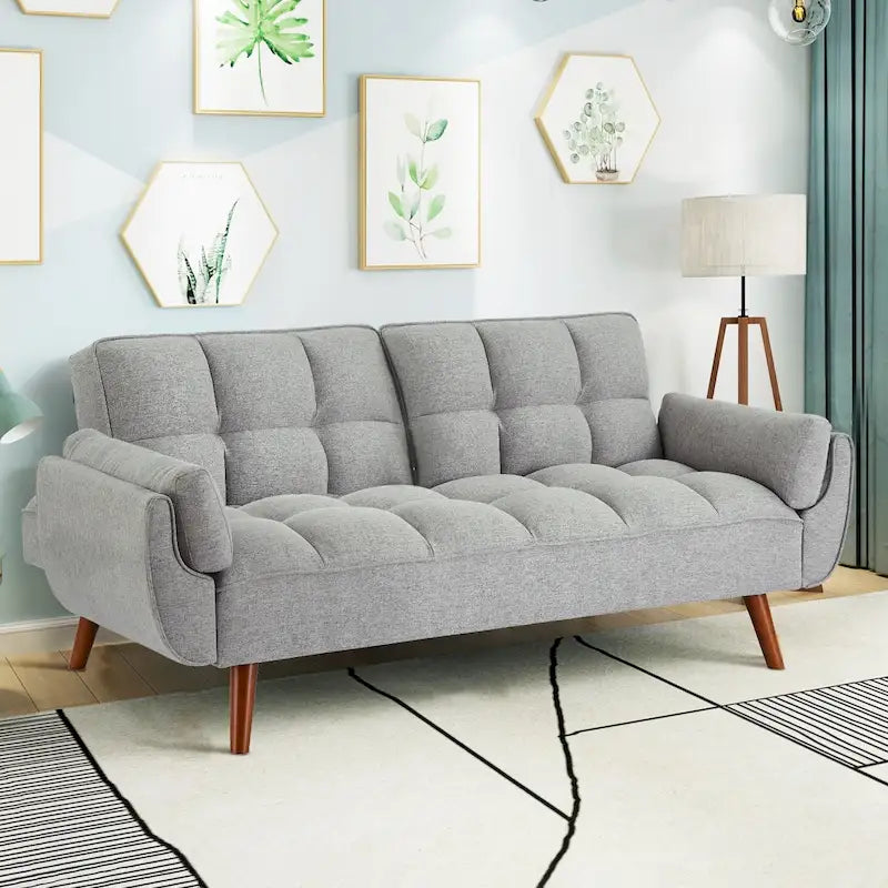 75-Inch Convertible Futon Sofa Bed with Adjustable Backrest and 2 Pillows