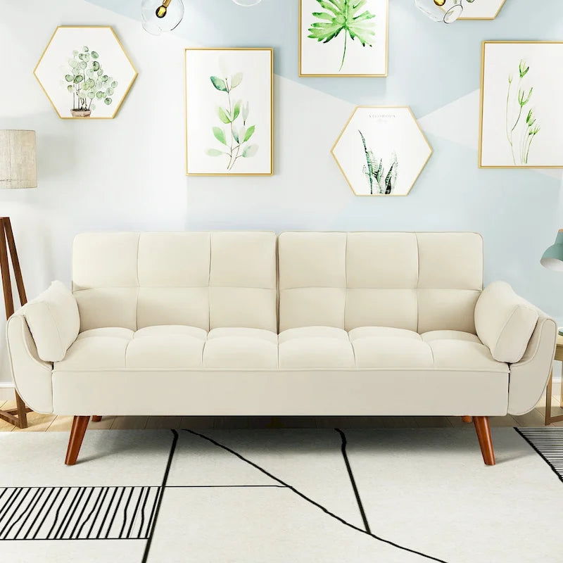 75-Inch Convertible Futon Sofa Bed with Adjustable Backrest and 2 Pillows