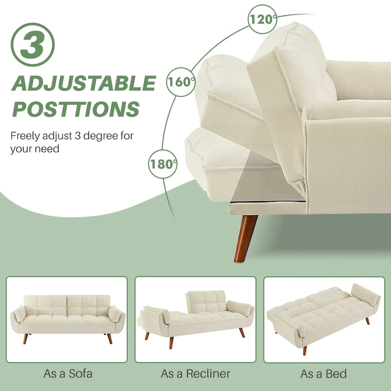 75-Inch Convertible Futon Sofa Bed with Adjustable Backrest and 2 Pillows