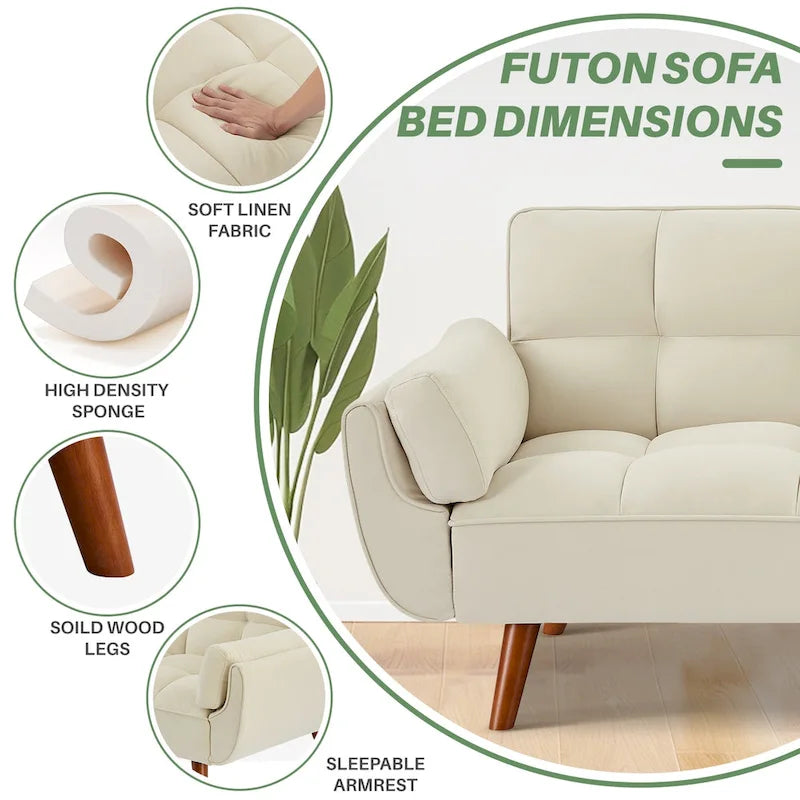 75-Inch Convertible Futon Sofa Bed with Adjustable Backrest and 2 Pillows