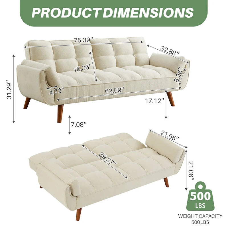 75-Inch Convertible Futon Sofa Bed with Adjustable Backrest and 2 Pillows