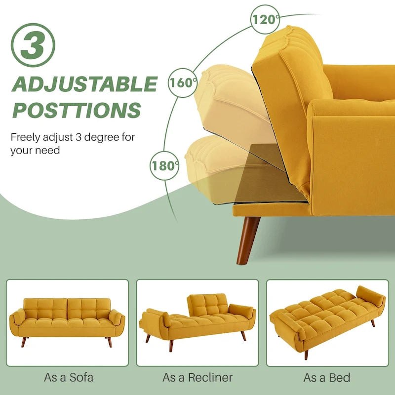 75-Inch Convertible Futon Sofa Bed with Adjustable Backrest and 2 Pillows