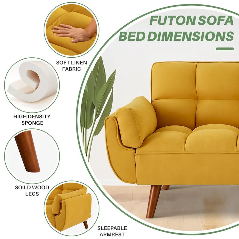 75-Inch Convertible Futon Sofa Bed with Adjustable Backrest and 2 Pillows