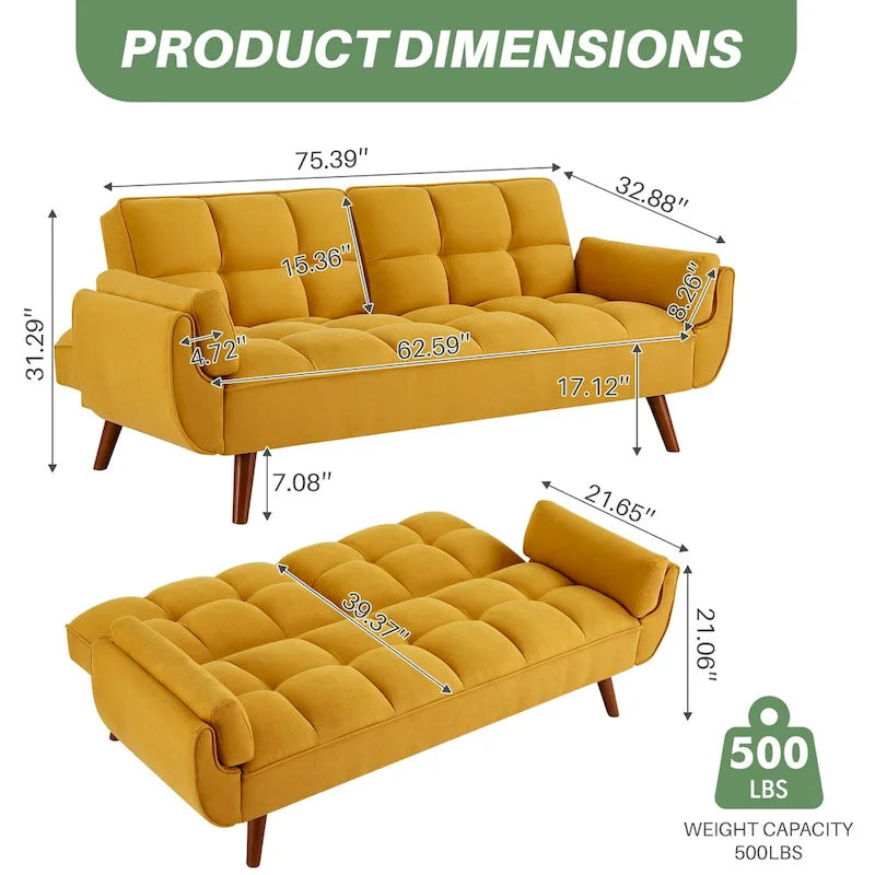 75-Inch Convertible Futon Sofa Bed with Adjustable Backrest and 2 Pillows