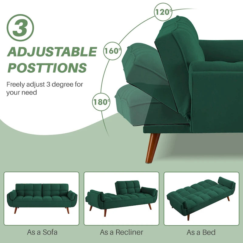 75-Inch Convertible Futon Sofa Bed with Adjustable Backrest and 2 Pillows