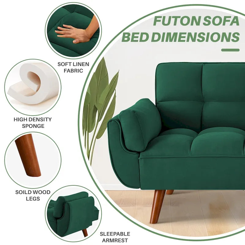 75-Inch Convertible Futon Sofa Bed with Adjustable Backrest and 2 Pillows