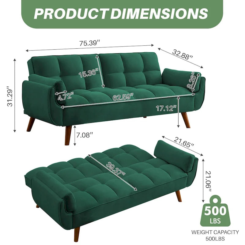 75-Inch Convertible Futon Sofa Bed with Adjustable Backrest and 2 Pillows