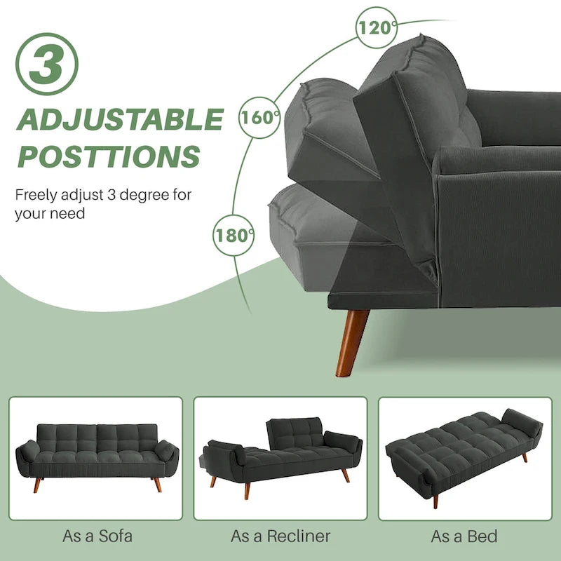 75-Inch Convertible Futon Sofa Bed with Adjustable Backrest and 2 Pillows
