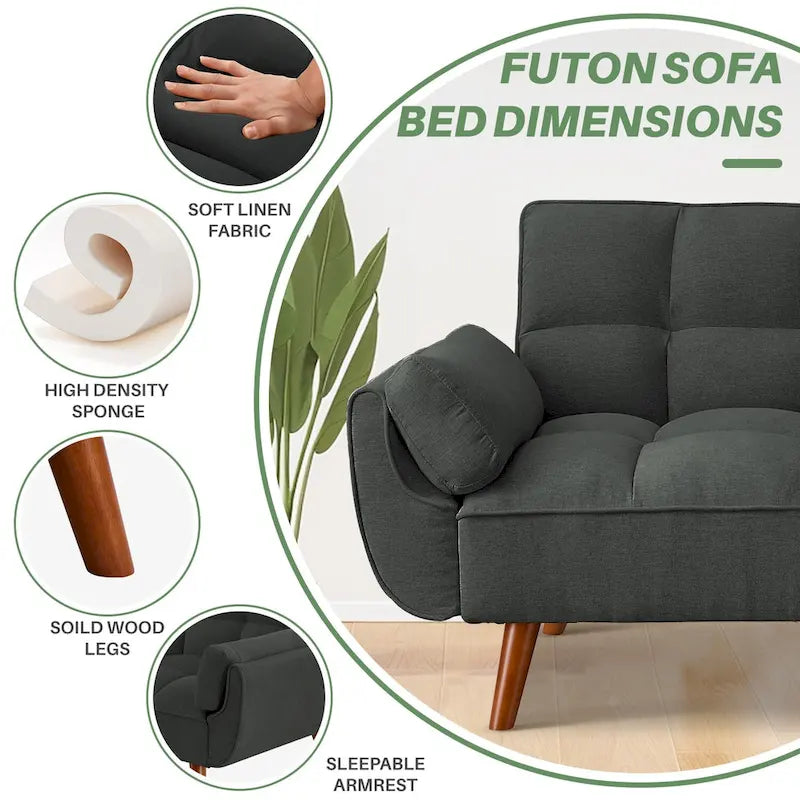 75-Inch Convertible Futon Sofa Bed with Adjustable Backrest and 2 Pillows
