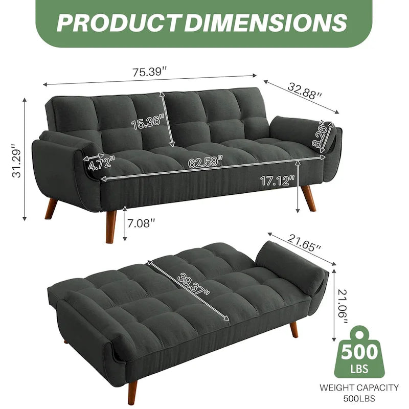 75-Inch Convertible Futon Sofa Bed with Adjustable Backrest and 2 Pillows