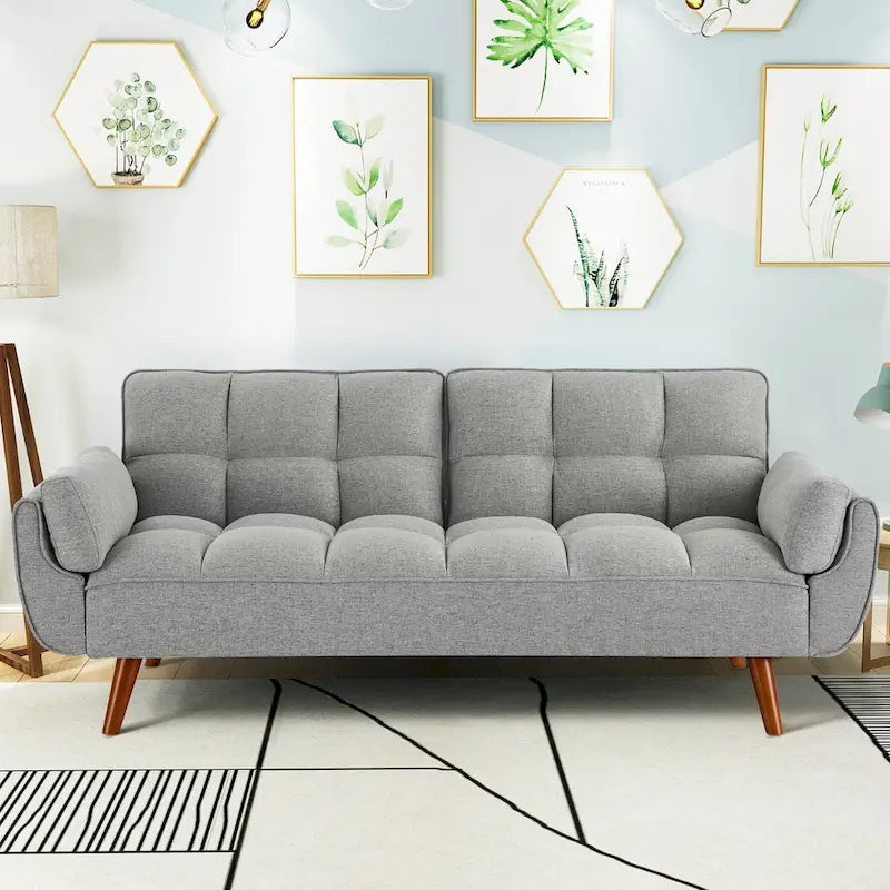 75-Inch Convertible Futon Sofa Bed with Adjustable Backrest and 2 Pillows