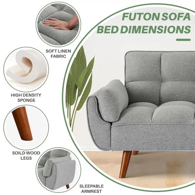 75-Inch Convertible Futon Sofa Bed with Adjustable Backrest and 2 Pillows