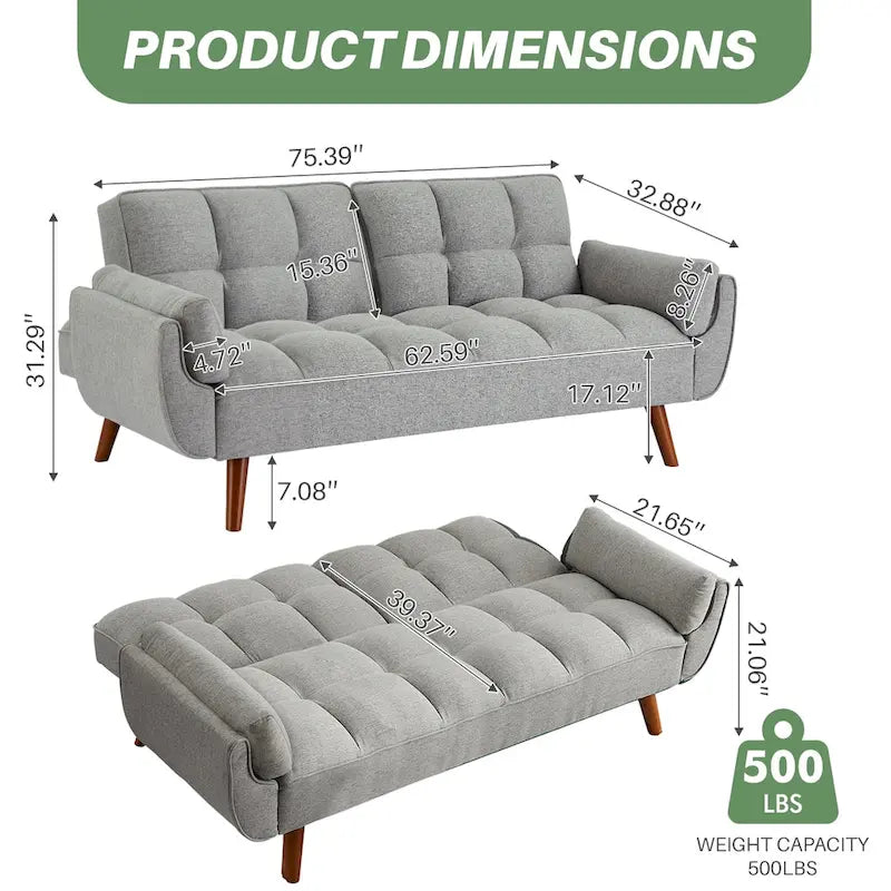 75-Inch Convertible Futon Sofa Bed with Adjustable Backrest and 2 Pillows