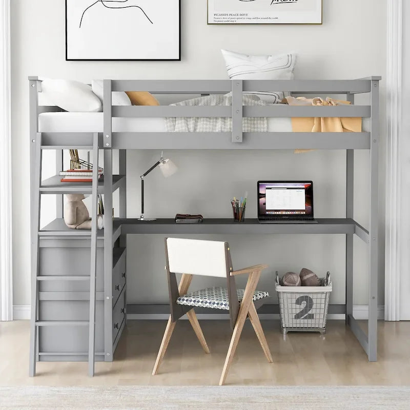 Hochbett in Twin-Größe mit Schreibtisch und Regalen sowie zwei integrierten Schubladen