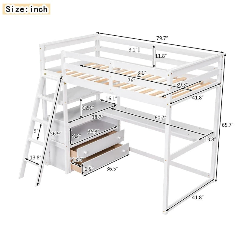 Hochbett in Twin-Größe mit Schreibtisch und Regalen sowie zwei integrierten Schubladen