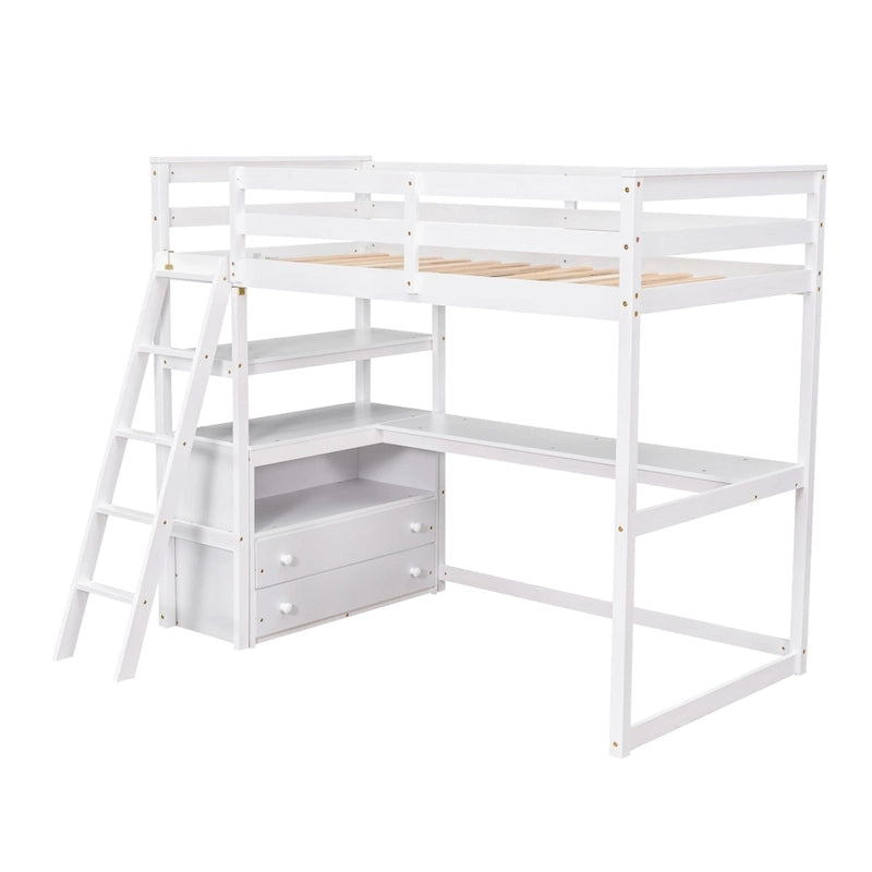 Hochbett in Twin-Größe mit Schreibtisch und Regalen sowie zwei integrierten Schubladen