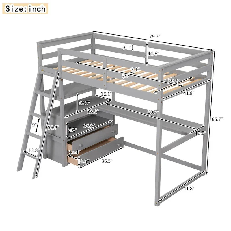 Hochbett in Twin-Größe mit Schreibtisch und Regalen sowie zwei integrierten Schubladen