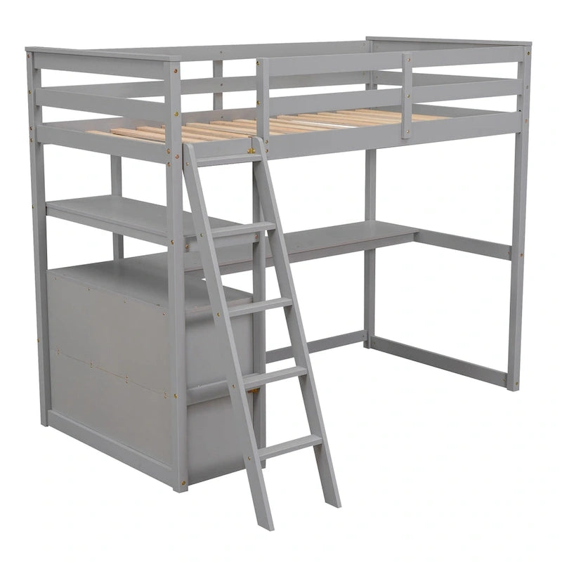 Hochbett in Twin-Größe mit Schreibtisch und Regalen sowie zwei integrierten Schubladen