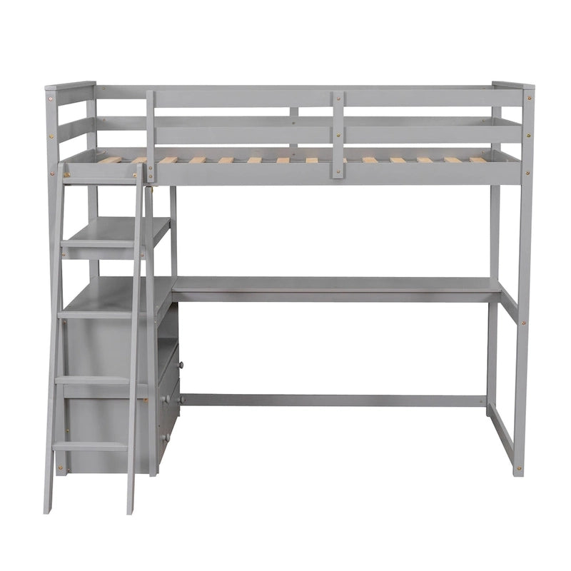 Hochbett in Twin-Größe mit Schreibtisch und Regalen sowie zwei integrierten Schubladen