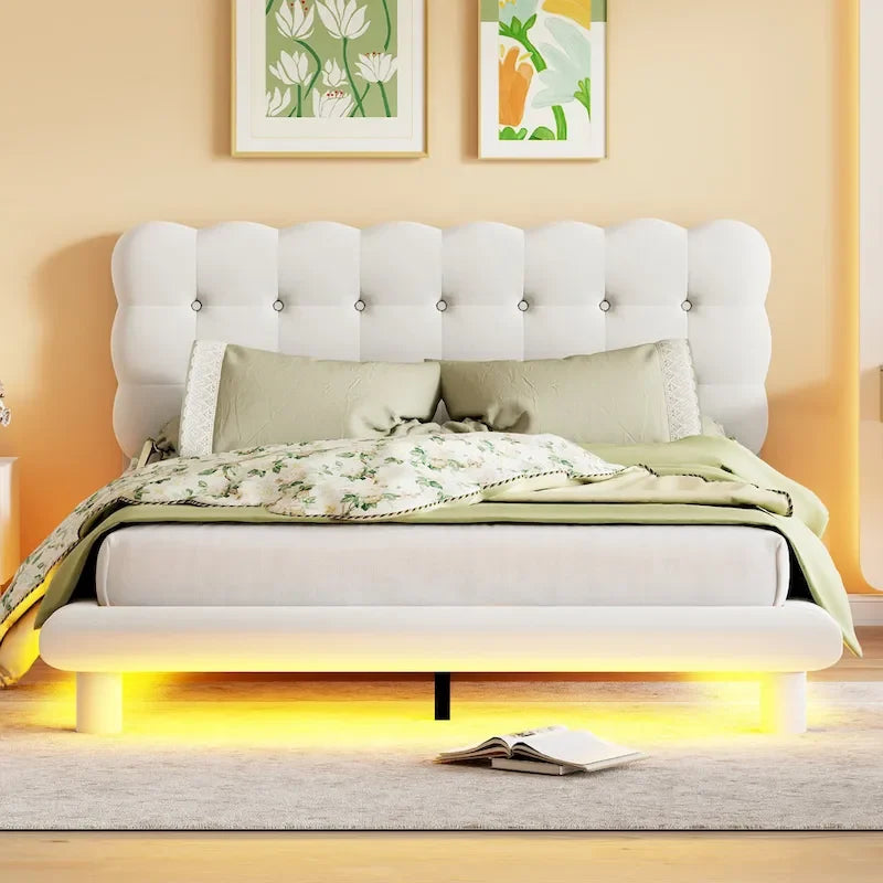Lit plateforme queen-size en velours avec cadre LED, tissu épais et doux et tête de lit capitonnée à boutons, beige