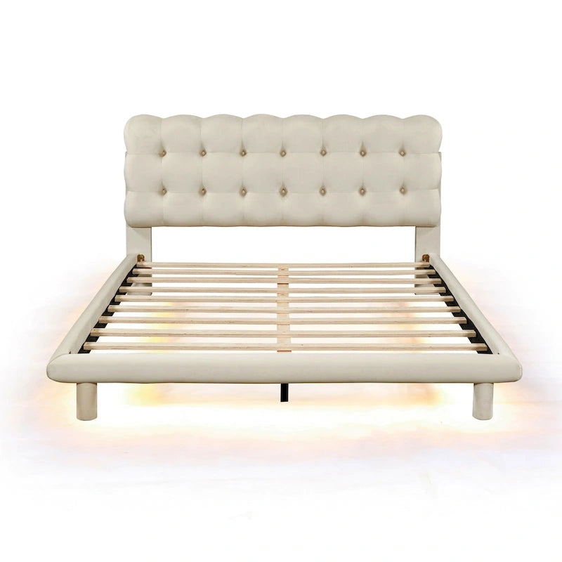 Lit plateforme queen-size en velours avec cadre LED, tissu épais et doux et tête de lit capitonnée à boutons, beige