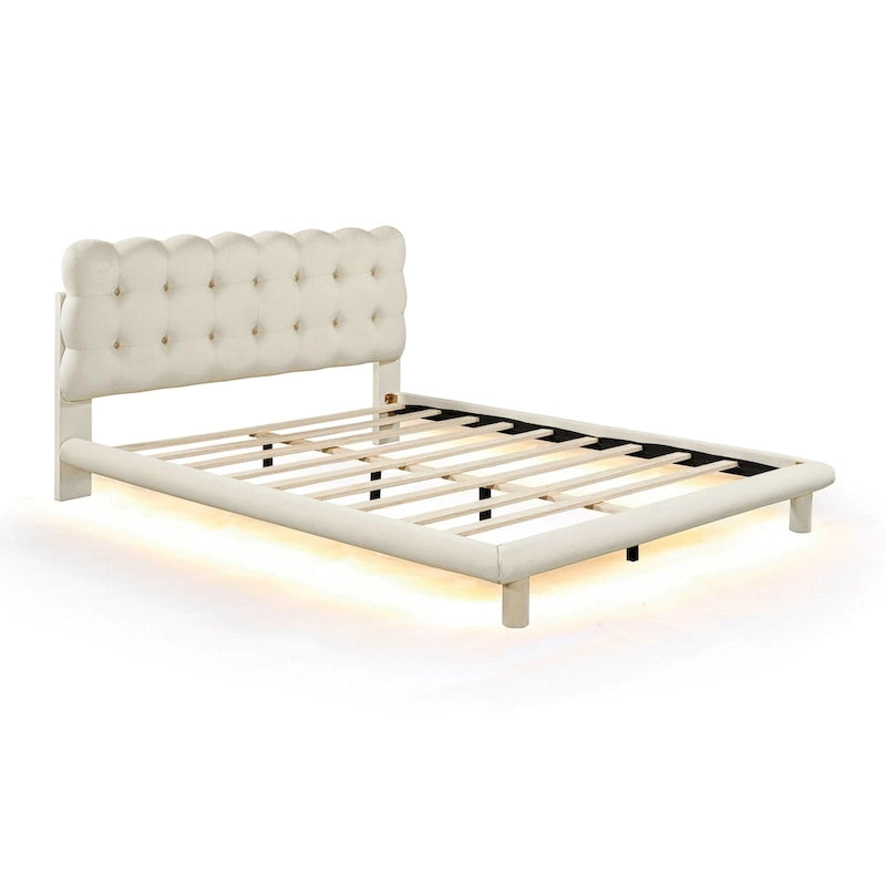 Lit plateforme queen-size en velours avec cadre LED, tissu épais et doux et tête de lit capitonnée à boutons, beige