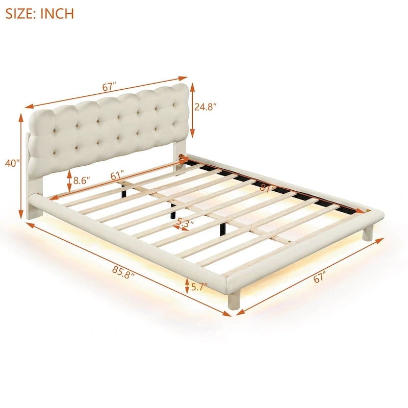 Lit plateforme queen-size en velours avec cadre LED, tissu épais et doux et tête de lit capitonnée à boutons, beige