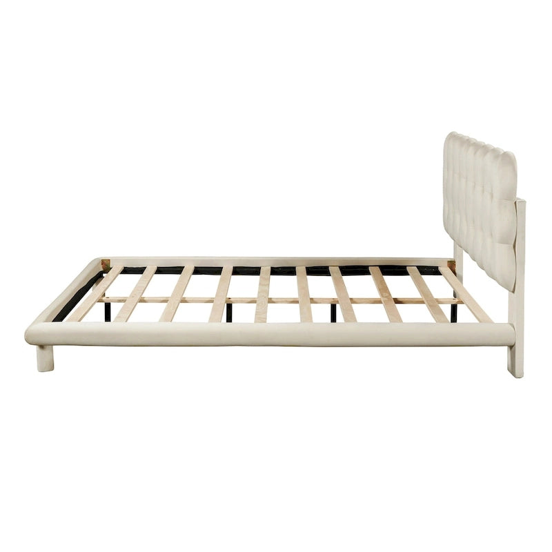 Lit plateforme queen-size en velours avec cadre LED, tissu épais et doux et tête de lit capitonnée à boutons, beige