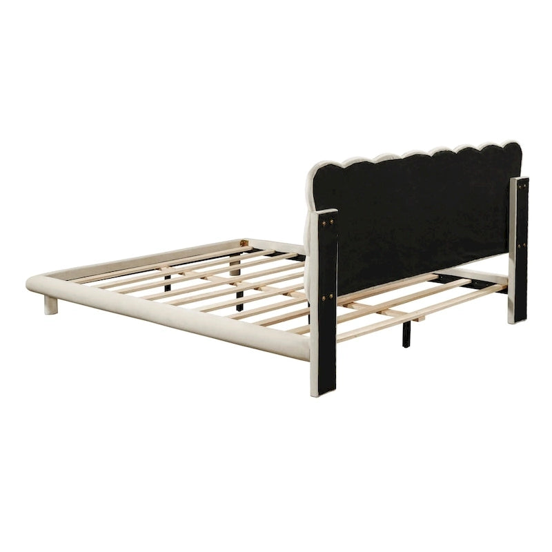Lit plateforme queen-size en velours avec cadre LED, tissu épais et doux et tête de lit capitonnée à boutons, beige