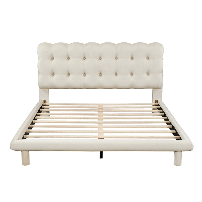 Lit plateforme queen-size en velours avec cadre LED, tissu épais et doux et tête de lit capitonnée à boutons, beige