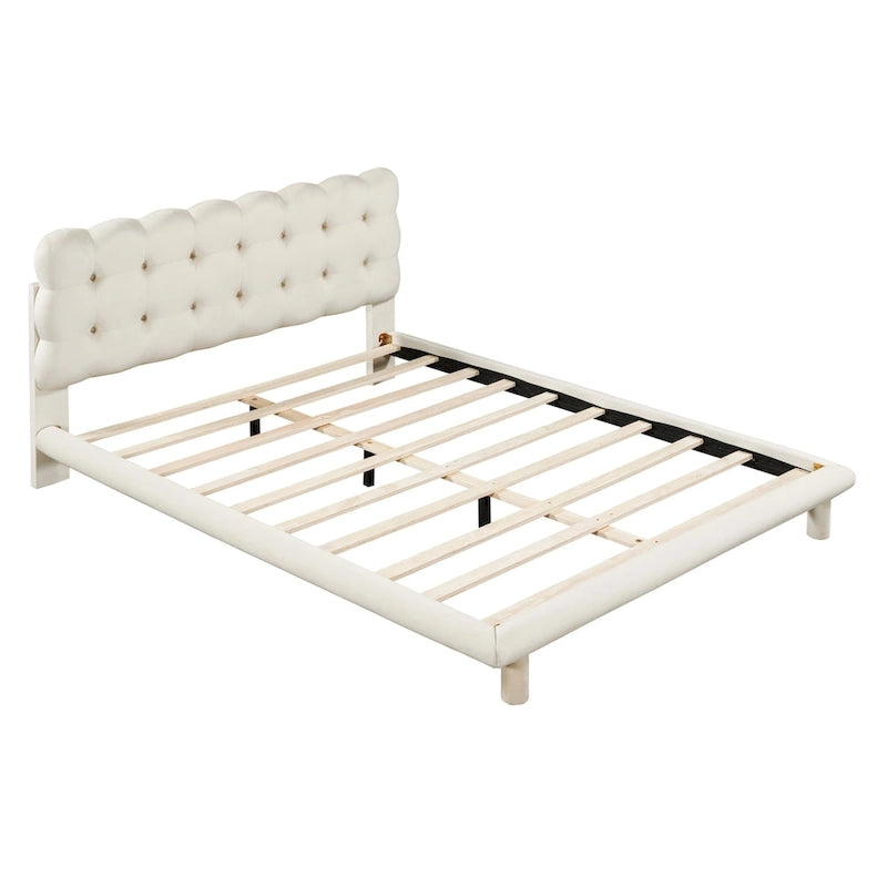 Lit plateforme queen-size en velours avec cadre LED, tissu épais et doux et tête de lit capitonnée à boutons, beige