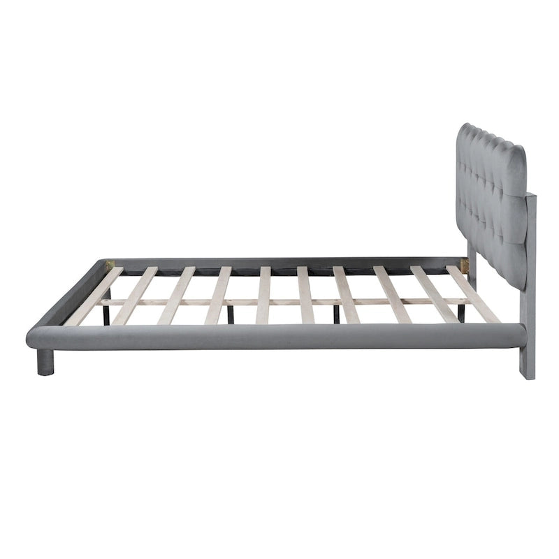 Lit plateforme queen-size en velours avec cadre LED, tissu épais et doux et tête de lit capitonnée à boutons, beige