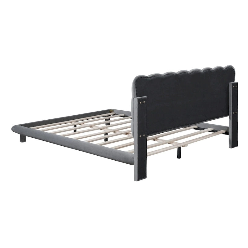 Lit plateforme queen-size en velours avec cadre LED, tissu épais et doux et tête de lit capitonnée à boutons, beige