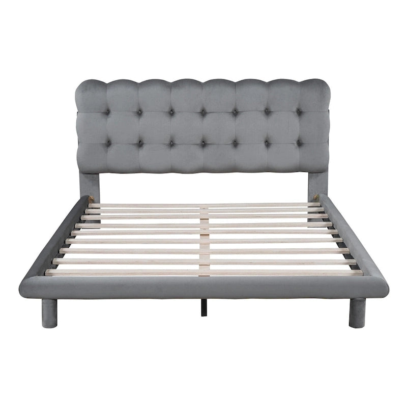 Lit plateforme queen-size en velours avec cadre LED, tissu épais et doux et tête de lit capitonnée à boutons, beige