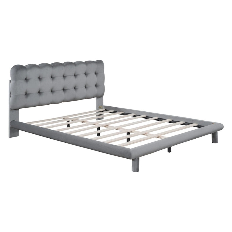 Lit plateforme queen-size en velours avec cadre LED, tissu épais et doux et tête de lit capitonnée à boutons, beige