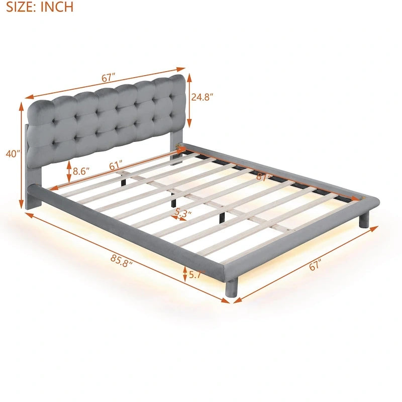 Lit plateforme queen-size en velours avec cadre LED, tissu épais et doux et tête de lit capitonnée à boutons, beige