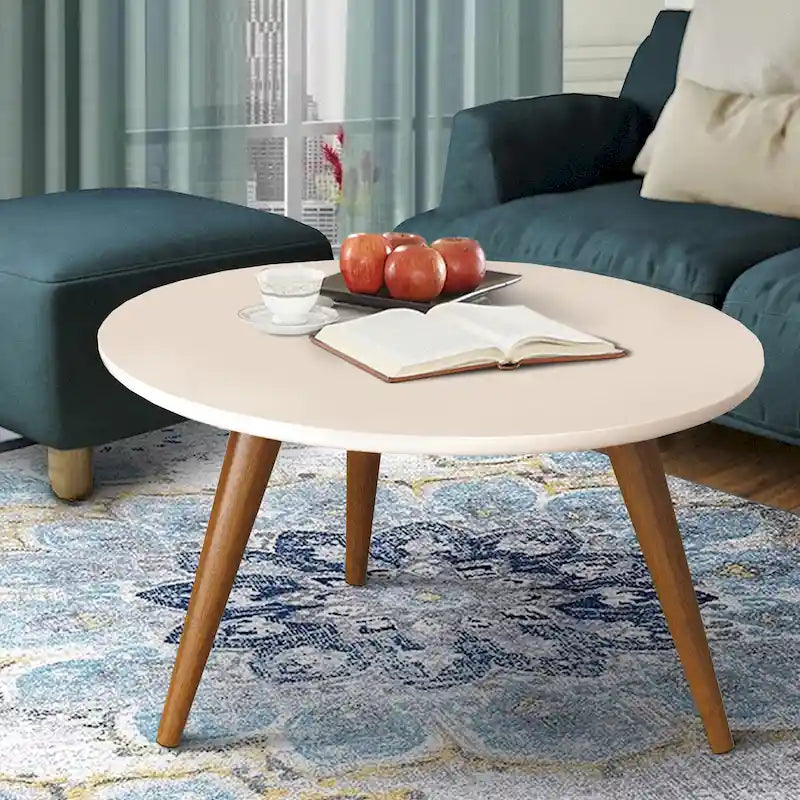24 Inch Modern Coffee Table, Round Off White MDF Top, Tapered Brown Mango Wood Legs