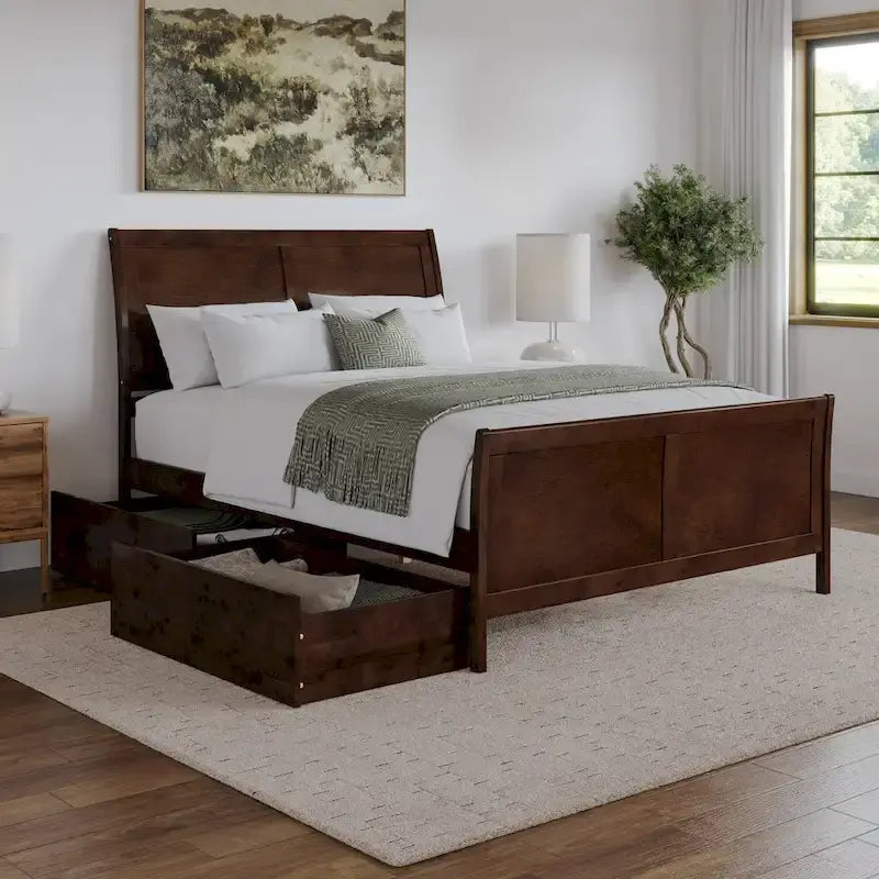 Solid Wood Platform Bed with Footboard and Storage Drawers