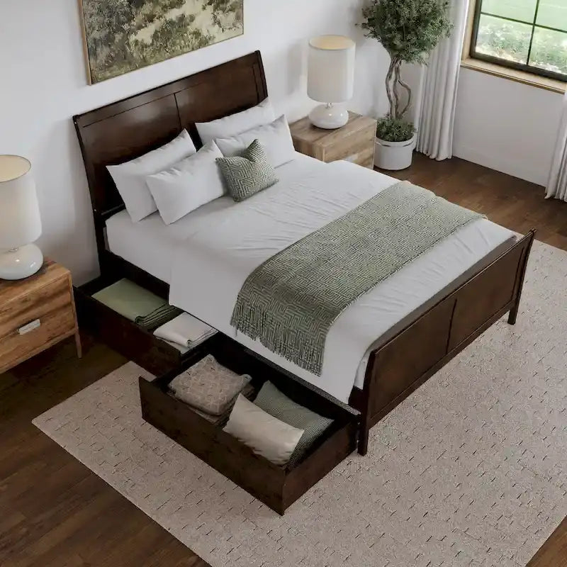 Solid Wood Platform Bed with Footboard and Storage Drawers