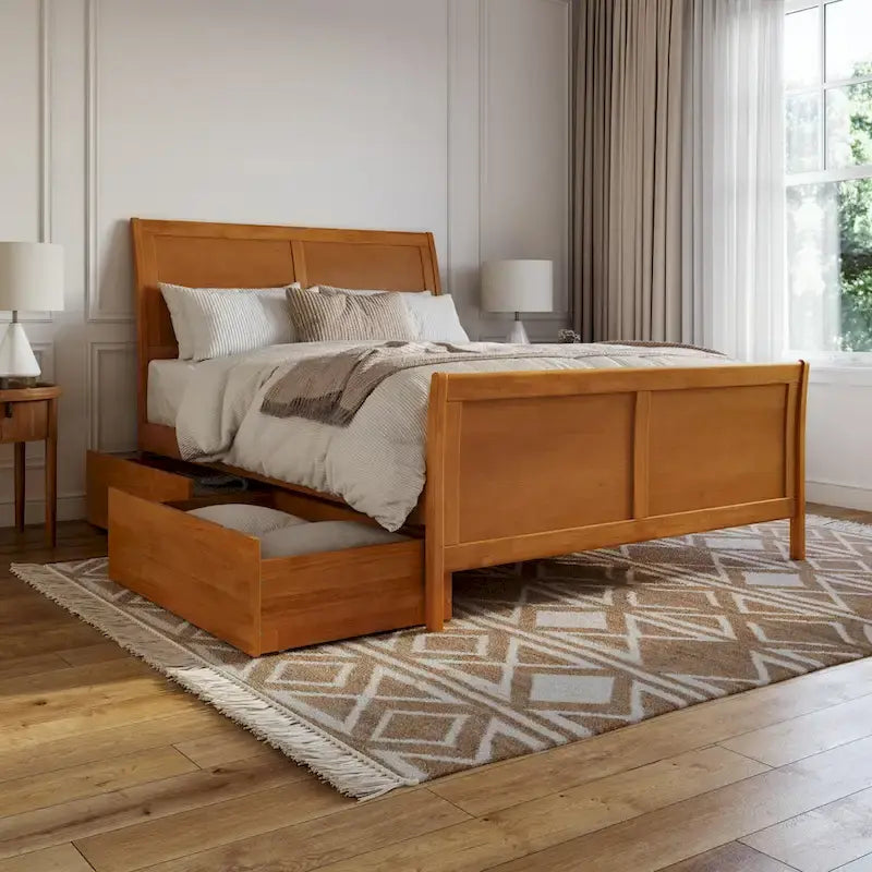 Solid Wood Platform Bed with Footboard and Storage Drawers